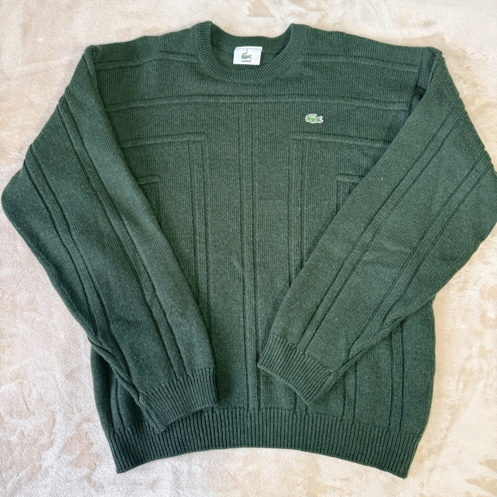 Lacoste 90s Men's Green Knit Crewneck‎ Sweater Alligator Logo Textured Size 3